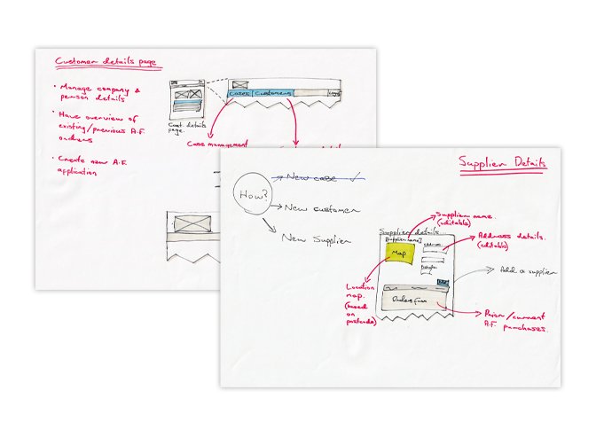 Sketches exploring the customer and supplier details pages - how users would navigate them, and what information would be most useful to relationship managers, such as past asset finance cases, address, and contact details.