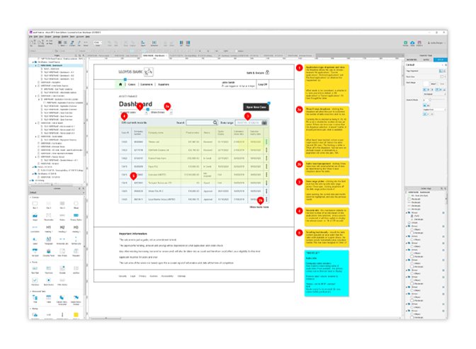 A work-in-progress wireframe showing the design at a more refined stage, with annotations detailing design rationale and functionality.