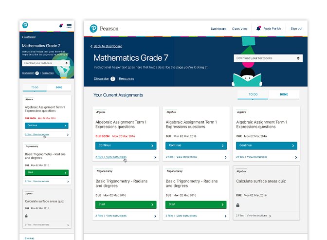 The learner user-type's class page providing access to lessons, designed as a responsive web app across small and large screen devices.