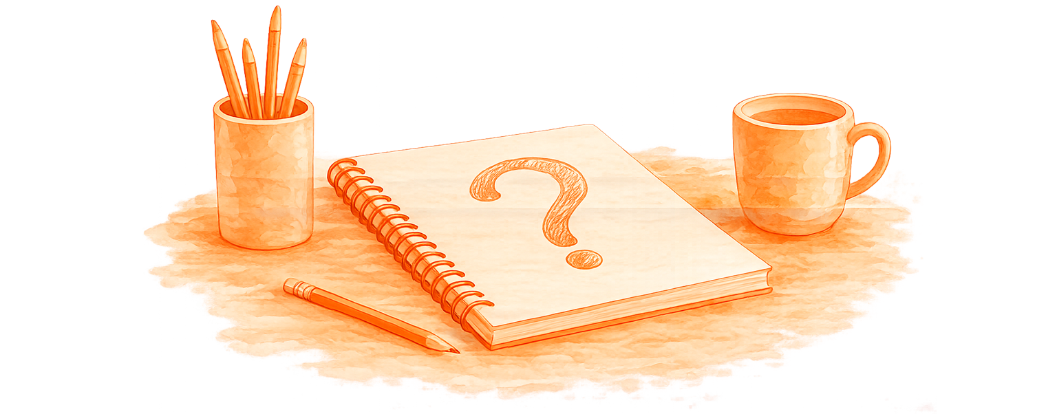 A stylised watercolour of an open notepad revealing a large question mark, exploring the unknowns at the start of the asset finance project.