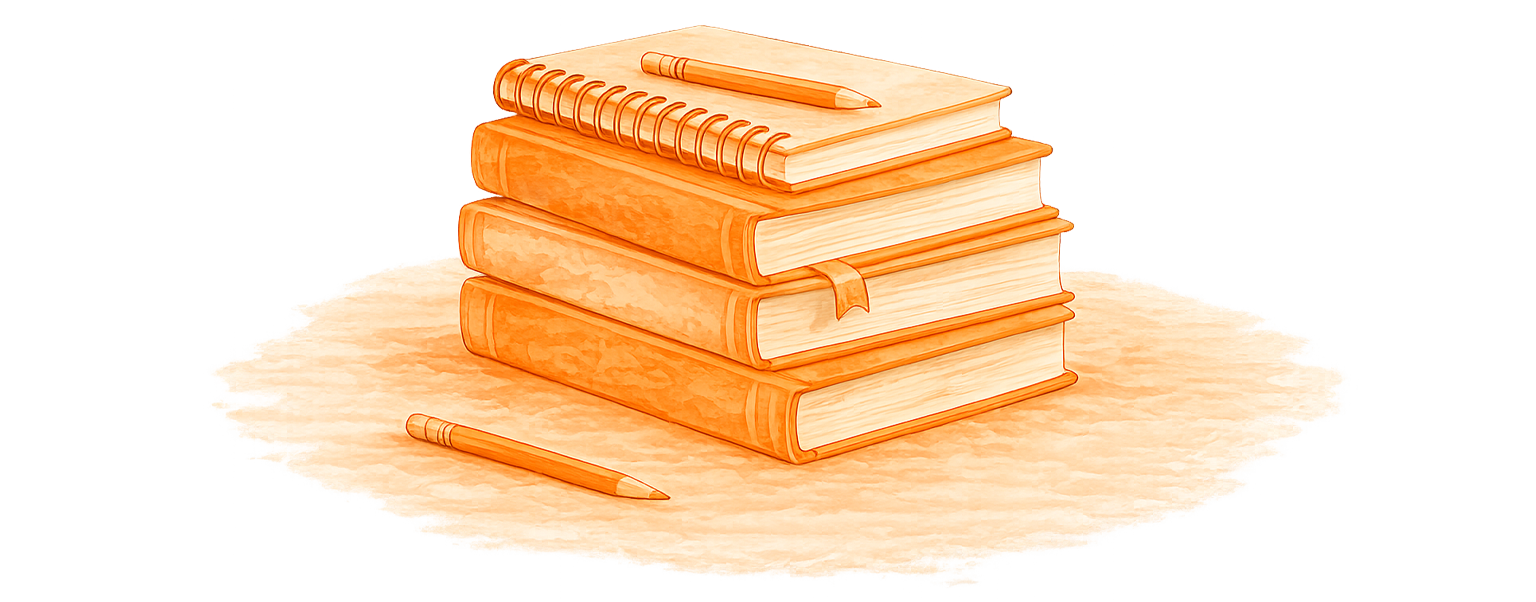 A stylised watercolour of a stack of school books, evoking the education sector context of the Pearson project.