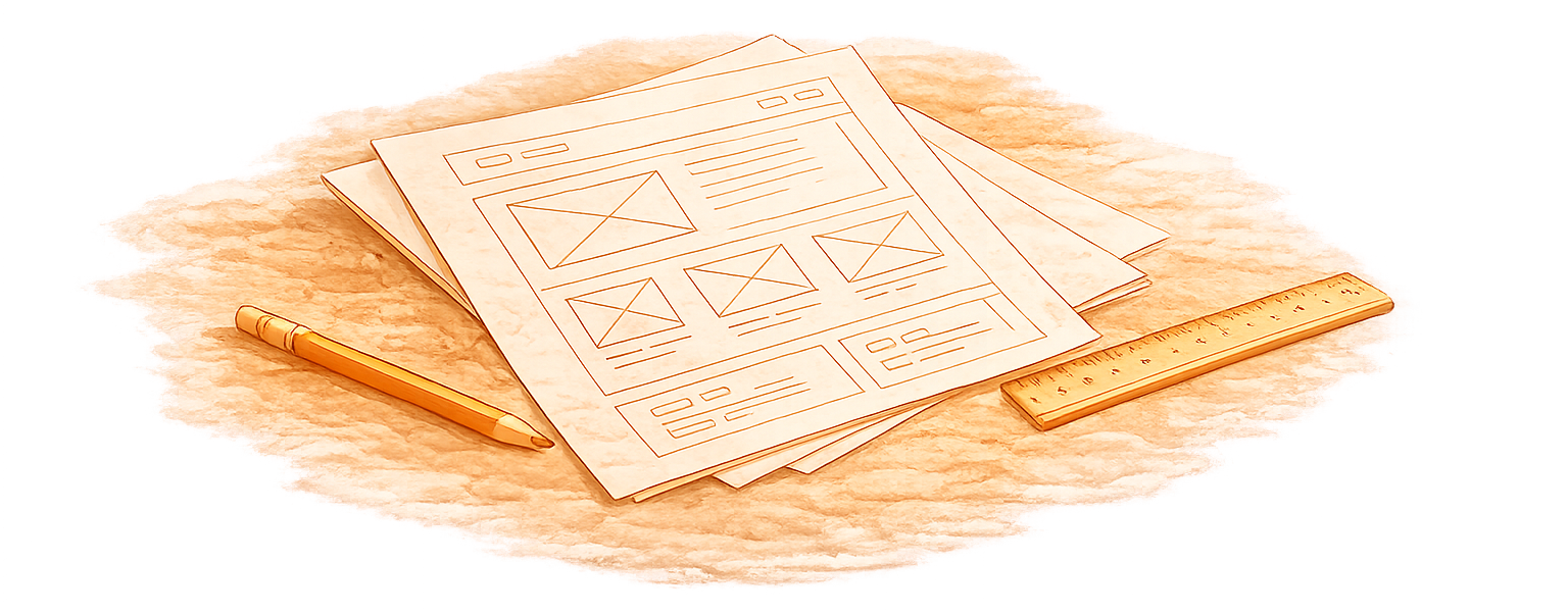 A stylised watercolour of hand-drawn wireframes, evoking sketch-led design work.